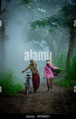 Agriculteur indonésien poussant un vélo accompagné d'une femme portant un panier marchant ensemble le long d'un sentier rural brumeux à Java, Indonésie Banque D'Images