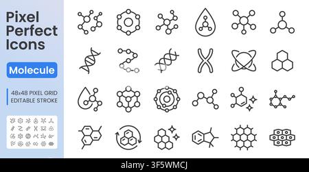 Chimie, ensemble d'icônes linéaires de structure moléculaire. Molécule, ADN, atome, chromosome, niacinamide, collagène, acide illustration vectorielle linéaire minimale. Simple Illustration de Vecteur