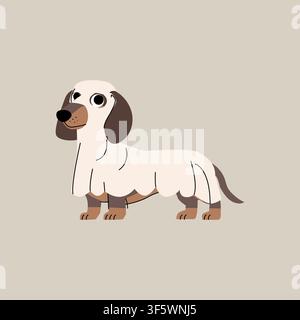 Adorable teckel portant un costume de fantôme blanc pour Halloween, représenté dans un style de dessin animé simple dessiné à la main sur un fond beige neutre. Illustration de Vecteur