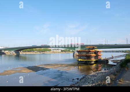Pont Kennedy sur le Rhin lors d'un faible niveau d'eau à Bonn Beul, Allemagne Banque D'Images