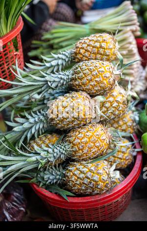 Pile d'ananas frais et mûrs empilés dans un bac vendu sur un marché de rue en Asie du Sud-Est. Banque D'Images