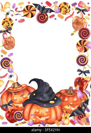 Cadre vertical Halloween avec trois citrouilles, sucettes, bonbons et pommes d'autrefois, chauves-souris et araignées. Illustration aquarellée peinte à la main. Pour desse Banque D'Images
