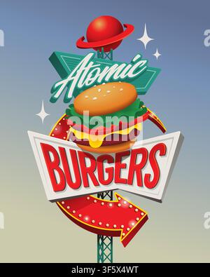 Panneau néon vintage de burger atomique du milieu du siècle. Panneau de diner de bord de route de style googie des années 1950 avec un hamburger, la planète Saturne et une flèche. Graphiques vectoriels modifiables. Illustration de Vecteur