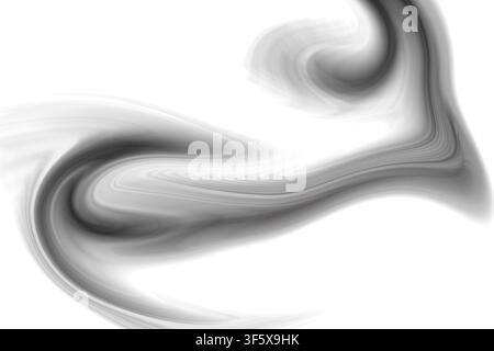 Arrière-plan abstrait élégant mettant en valeur des tourbillons lisses et dynamiques de liquide ou de fumée grise et noire sur un fond blanc immaculé. Banque D'Images