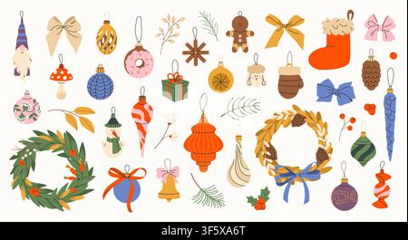 Ornements de sapin de Noël. Boules, couronnes, nœuds. Illustration de Vecteur