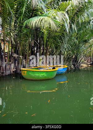 Des bateaux ronds en noix de coco colorés glissant le long d'une rivière tropicale calme entourée d'une végétation luxuriante à Hoi An, Vietnam. 1 avr. 2026 Banque D'Images