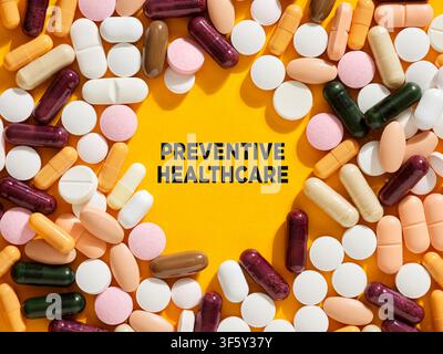 Différentes pilules et capsules entourent la phrase prévention des soins de santé sur un fond jaune vif, soulignant l'importance d'une santé proactive Banque D'Images
