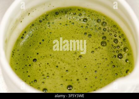 Close-up d'un thé matcha fraîchement préparé avec une mousse lisse dans un bol en céramique. Thé vert japonais traditionnel prêt à servir. Banque D'Images