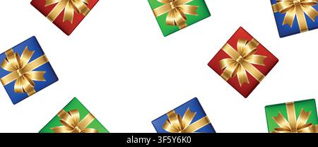 Motif de boîte cadeau avec des cadeaux colorés et des rubans dorés sur fond blanc, design décoratif pour célébration festive Illustration de Vecteur