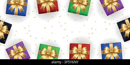 Boîtes cadeaux luxueuses et colorées avec nœuds dorés. Illustration vectorielle de bordure de célébration festive Illustration de Vecteur