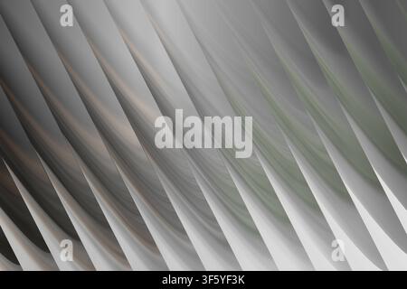 Un fond 3D abstrait présentant une série de formes diagonales, superposées et ondulées avec des dégradés métalliques lisses et des ombres douces. Banque D'Images