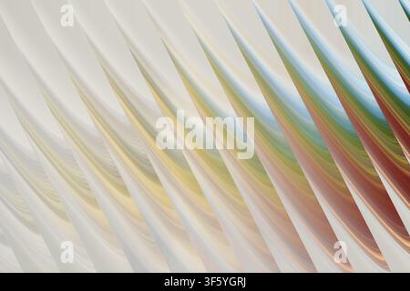 Un rendu 3D abstrait complexe affichant des vagues diagonales élégantes avec une palette de couleurs chaudes, comprenant des dégradés de crème, jaune, orange et bleu-vert. Banque D'Images