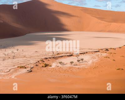 Vue aérienne de la plaine d'argile Deadvlei et des dunes de Sossusvlei, Namibie Banque D'Images
