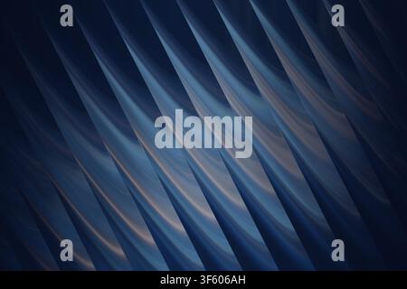 Une œuvre d'art numérique abstraite haute résolution présentant des lignes diagonales rythmées et fluides ainsi que des dégradés de bleu profond créant un sentiment de profondeur et de mystère. Banque D'Images