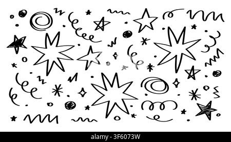 Collection d'étoiles noires dessinées à la main, de spirales, d'éclats et d'éléments de gribouillage cosmique abstraits. Illustration vectorielle Illustration de Vecteur