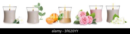 Bougies aux parfums variés sur fond blanc, set Banque D'Images