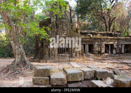 Une vue panoramique d'un paysage montrant une entrée gopura en pierre en ruine et un bâtiment de galerie du temple de Ta Prohm du XIIe siècle à Angkor, Siem Reap, Cambodge. Banque D'Images
