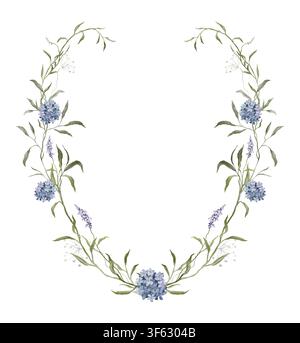Couronne florale aquarellée avec des hortensias bleus et de la lavande violette avec des feuilles vertes douces. Arrangement botanique comme cadre pour les invitations de mariage, bébé Banque D'Images