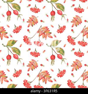 Petit motif sans couture d'églantier à l'aquarelle et de sorbier d'automne Banque D'Images
