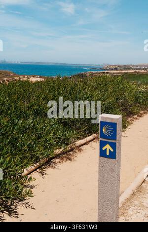 Le marqueur du Camino de Santiago se dresse à côté d'un sentier côtier sablonneux surplombant l'océan Atlantique et les dunes. Le Camino Portugais suit l'océan Banque D'Images