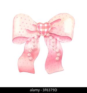 Nœud rose avec breloque en forme de cœur à carreaux et perles. Illustration aquarellée peinte à la main isolée sur blanc pour le branding, les cartes de vœux, les autocollants, l'emballage de cadeaux Banque D'Images