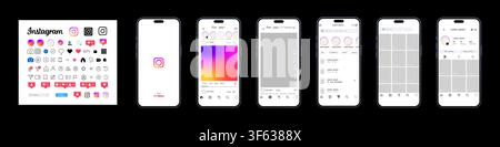 Apple iPhone 16 avec mise à jour de l'interface Instagram 2026. Écrans d'interface utilisateur de l'application mobile et collection d'icônes Instagram sur fond noir. Illustration éditoriale Illustration de Vecteur