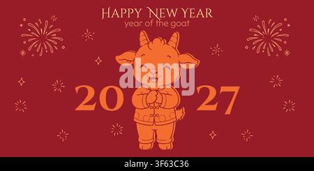 Bannière de vœux pour le Nouvel An chinois 2027 mettant en scène un joyeux bouc de dessin animé en tenue traditionnelle avec les mains jointes, entouré de feux d'artifice et d'étincelles Illustration de Vecteur