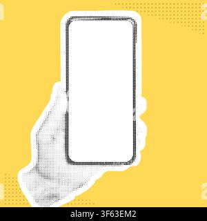 Collage moderne : main tenant un téléphone. Écran de smartphone vierge à remplir avec une main féminine. Éléments d'effet demi-ton, graphiques vectoriels Illustration de Vecteur