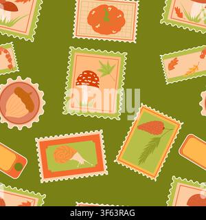 Motif sans couture de timbres automnaux représentant des champignons, des citrouilles, des pommes de pin, des feuilles. Illustration de Vecteur