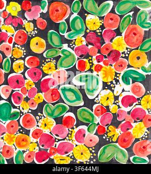 Motif floral intégral peint à la main avec de petites fleurs en vert, orange, rouge, jaune et rose sur un fond noir et blanc. Traits de pinceau visibles. Banque D'Images