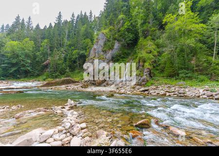 L'eau cristalline de la rivière Ammer coule sur des pierres lisses dans la gorge pittoresque de l'Ammer près de Scheibum, encadrée par des forêts vertes luxuriantes et une roche abrupte Banque D'Images
