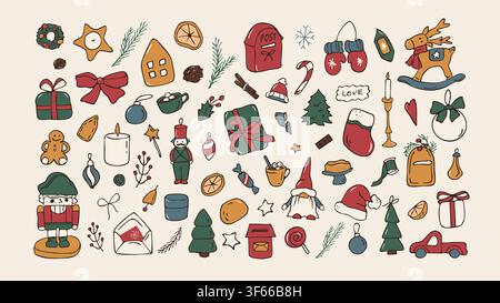 Illustration de croquis vectoriel d'un casse-noisette de Noël coloré dessiné à la main et d'un ensemble de jouets rétro vintage Illustration de Vecteur