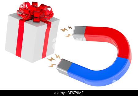 Aimant en fer à cheval attirant une boîte cadeau. Rendu 3D isolé sur fond blanc Banque D'Images