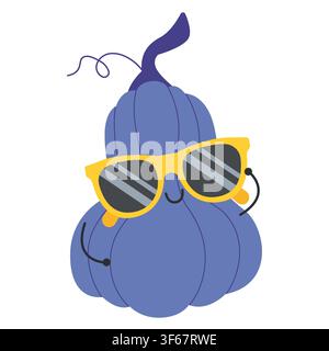 Personnage de citrouille violette cool portant des lunettes de soleil jaunes isolé sur fond blanc. Illustration vectorielle drôle de courge kawaii d'automne pour Halloween ou fête d'automne Illustration de Vecteur