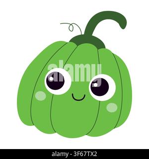 Illustration vectorielle d'un citrouille d'Halloween verte mignonne. Personnage de jack-o'-lanterne drôle de style cartoon avec visage souriant isolé sur fond blanc. Élément dessiné à la main pour la décoration de fête d'automne, autocollants. Illustration de Vecteur