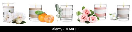 Bougies aromatiques isolées sur blanc. Collection de parfums variés Banque D'Images