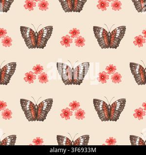 Papillons paon écarlate avec fleur rouge, motif échelonné sans joint sur fond beige. Fleur aquarellée dessinée à la main. Design d'été pour tissu ou papier peint. Décoration textile botanique répétée. Banque D'Images