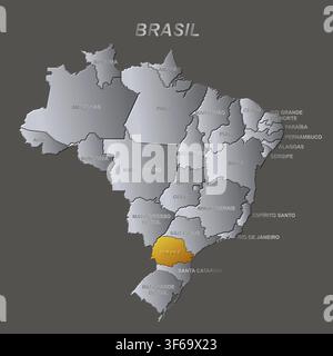 Carte métallique dorée de l'État du Paraná, mise en évidence contre une carte métallique du Brésil Illustration de Vecteur