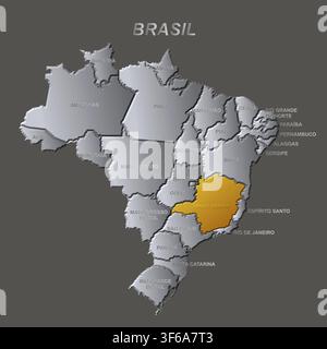 Carte métallique dorée de l'État de Minas Gerais, mise en évidence sur une carte métallique du Brésil Illustration de Vecteur