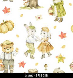 Motif sans couture aquarellé d'animaux de la forêt, de citrouilles de récolte, de feuilles d'automne et de détails forestiers. Design de chambre d'enfant répétitif pour tissu, papier peint, stat Banque D'Images