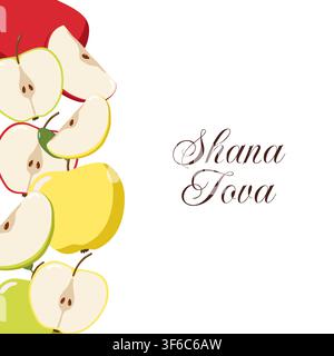 Vœux festifs de Rosh Hashanah avec des pommes colorées en rouge, jaune et vert sur le côté gauche Illustration de Vecteur