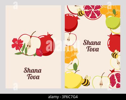 Deux cartes de vœux Rosh Hashanah avec des pommes, du miel, une plaque de miel, des fleurs et des abeilles sur fond beige Banque D'Images