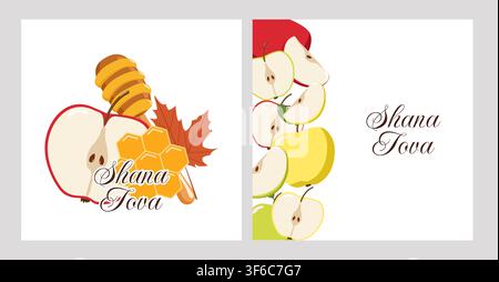 Deux cartes de vœux Rosh Hashanah avec des pommes, du miel, une plaque de miel, des feuilles d'automne et des fleurs, mettant en avant Shana Tova Banque D'Images