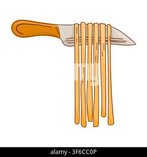Pâtes spaghetti enroulées autour d'une illustration de couteau de cuisine pour la cuisine italienne, le branding de restaurant, les livres de recettes. Illustration de Vecteur
