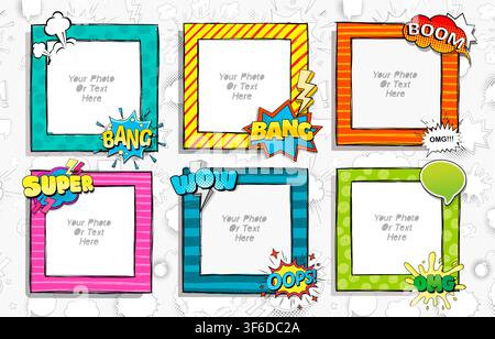 Cadre photo vectoriel de styles d'art d'enfant de dessin animé pour collage. Design pour scrapbook dans un style pop rétro. Collection d'images de décors. Image décorative mignonne. Illustration de Vecteur