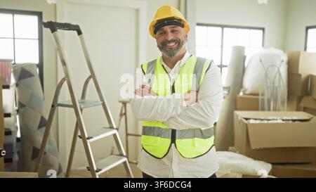 Bâtisseur masculin en casque de sécurité et gilet haute visibilité avec les bras croisés près d'une échelle et de caisses empilées dans un bâtiment ; confiance et progrès. Banque D'Images