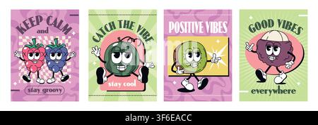Fruits d'été rétro dans un style tendance des années 70. Autocollants mignons et groovy en style cartoon, doodles funky de pastèque, kiwi, framboise avec des visages expressifs. Ensemble d'affiches vintage avec des personnages drôles et des slogans Illustration de Vecteur