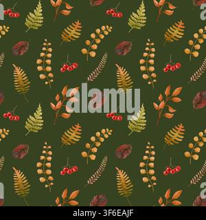 Motif sans couture aquarellé ambiance automnale avec feuilles d'automne, baies de sorbier, fougère et branches botaniques sur fond vert foncé. Parfait pour tissu d'automne Banque D'Images