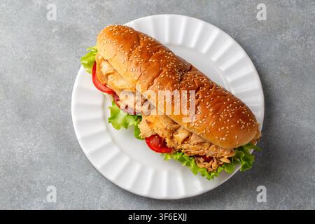 Vue supérieure d'un sandwich kebab au poulet dans un pain au sésame sur une assiette blanche Banque D'Images
