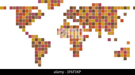 carte du monde en mosaïque de blocs de pixels de taille moyenne, tons orange brûlés, disposés selon un motif géométrique en grille pour une impression de poster de décoration murale Illustration de Vecteur